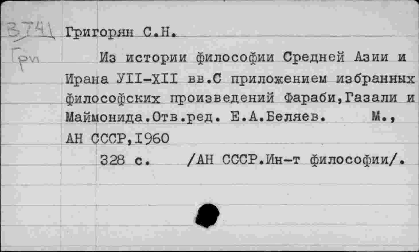 ﻿Григорян С.Н.
Из истории философии Средней Азии и Ирана УП-ХИ вв.С приложением избранных философских произведений Фараби,Газали и Маймонида.Отв.ред. Е.А.Беляев. М., АН СССР,1960
328 с. /АН СССР.Ин-т философии/.